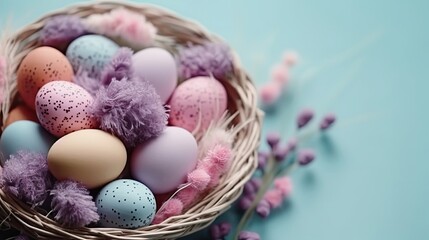colorful eggs in the basket and plants on pastel background for Happy Easter Day sale banner