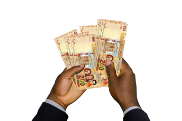 Black Hands in suit holding 3D rendered Bolivian boliviano notes
