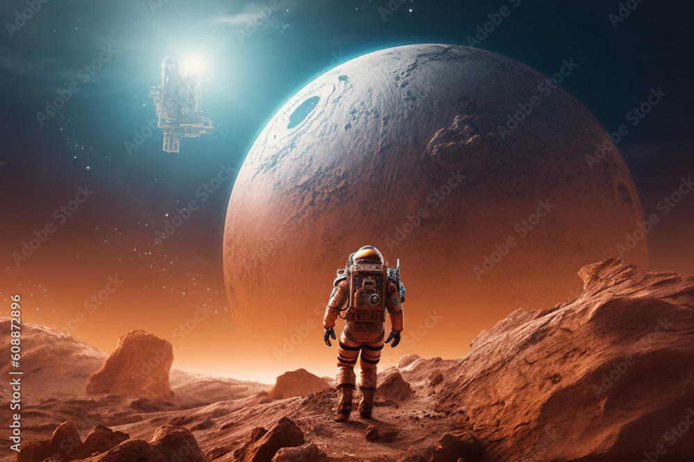 Wall mural Illustration of a space explorer robot exploring the planet Mars, Generative Ai technology