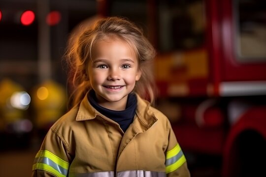 portrait of smiling firefighter girl standing in front of firetruck