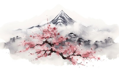 Chinese ink landscape painting created digitally Japan traditional ink illustration background