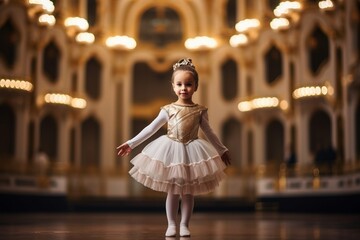 Little ballerina in a white tutu posing on stage. - obrazy, fototapety, plakaty