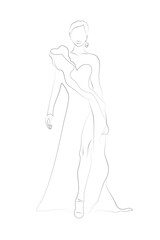 Woman's figure outline doodle sketch on the white background. Vector outline girl model template for fashion sketching. Fashionable model in the long dress walking on the podium