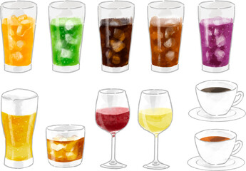 水彩タッチのドリンクのイラストセット