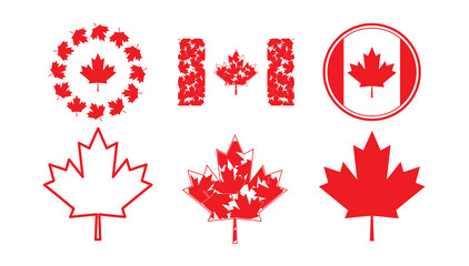 Simple set Canada day icon vector,  Canadian icon set Vector. Happy Canada Day. 1st July. Canadian flag. Red Canada Maple leaf on white background. Canadian national holiday.