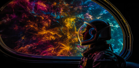 Futuristic space tourism astronaut looking into the vibrant colors of outer space while on vacation.  The space resort is beautiful as they enjoy their mission (generative AI)