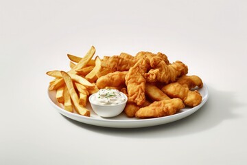 American Food Illustration. Fish & chips on white background. Generative ai