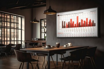 Large TV screen with charts on it in a modern looking meeting room