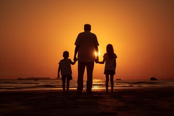 Fototapeta na wymiar Granddad with his grandchildren at the beach looking at the sunset