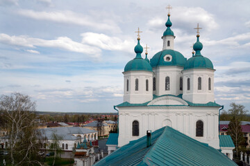 Fototapeta na wymiar View of the Spassky Cathedral and the city of Yelabuga from the bell tower of the Spassky Cathedral on a sunny spring day, Yelabuga, Tatarstan, Russia