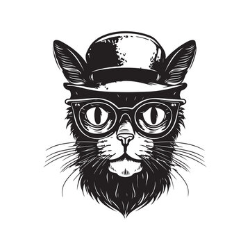 funny hipster cat, vintage logo line art concept black and white color, hand drawn illustration