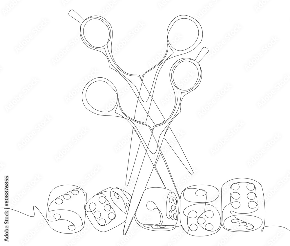 Poster one continuous line of dice and scissor. thin line illustration vector concept. contour drawing crea