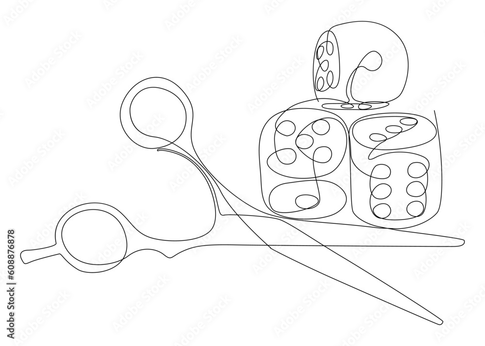 Poster one continuous line of dice and scissor. thin line illustration vector concept. contour drawing crea