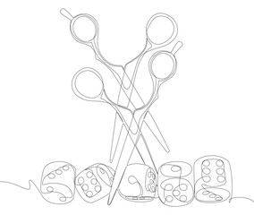 One continuous line of dice and scissor. Thin Line Illustration vector concept. Contour Drawing Creative ideas.