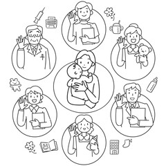 赤ちゃんを育てる若い母親と子育て支援のイメージ図