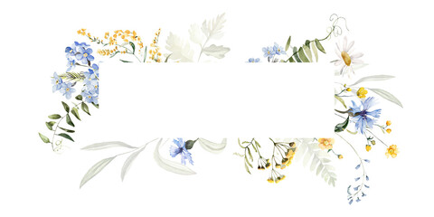 Wild field herbs flowers. Watercolor seamless frame - illustration with green leaves, pink yellow buds and branches. Wedding stationery, wallpapers, fashion, backgrounds, textures. Wildflowers. 