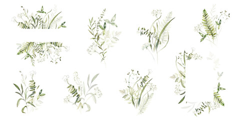 Wild field herbs flowers. Watercolor collection set - bouquets, borders, frames. Illustration green leaves, branches. Wedding stationery, wallpapers, fashion, backgrounds, textures. Wildflowers. 
