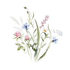 Wild herbs field flowers plants. Watercolor bouquet - illustration with green leaves, branches and colorful buds. Wedding stationery, wallpapers, fashion, backgrounds, prints, pattern. Wildflowers. 