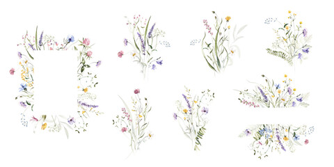 Wild field herbs flowers. Watercolor floral collection set - bouquets, borders, frames. Illustration green leaves, branches.. Wedding stationery, wallpapers, fashion, backgrounds. Wildflowers.  - 608877457