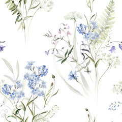 Watercolor seamless pattern white background - illustration with green leaves, pink blue yellow buds and branches. Wild field herbs flowers. Wedding invites, fashion, prints, backgrounds. Wildflowers.