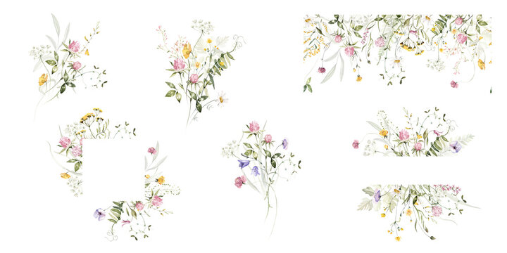 Wild field herbs flowers. Watercolor floral collection set - bouquets, borders, frames. Illustration green leaves, branches.. Wedding stationery, wallpapers, fashion, backgrounds. Wildflowers.