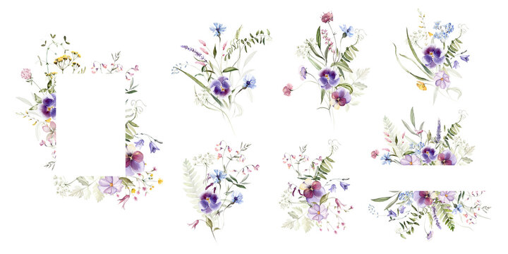 Wild field herbs flowers. Watercolor floral collection set - bouquets, borders, frames. Illustration green leaves, branches.. Wedding stationery, wallpapers, fashion, backgrounds. Wildflowers. 