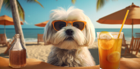 cute dog at the beach laying next to a drink, generative AI - obrazy, fototapety, plakaty