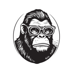 geek gorilla, vintage logo line art concept black and white color, hand drawn illustration - obrazy, fototapety, plakaty