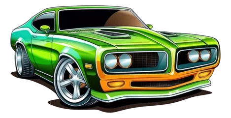 Tuinposter Classic green American muscle car cartoon isolated Illustration. Generative AI. © Pro Hi-Res