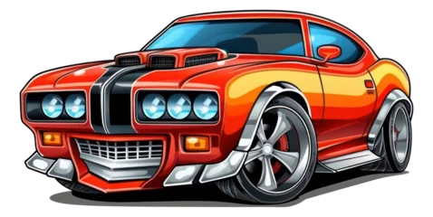 Poster Classic orange American muscle car cartoon isolated Illustration. Generative AI. © Pro Hi-Res