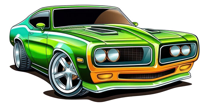 Classic green American muscle car cartoon isolated Illustration. Generative AI.