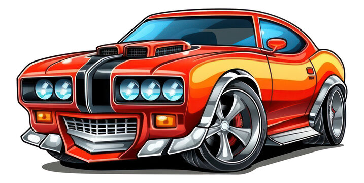 Classic orange American muscle car cartoon isolated Illustration. Generative AI.