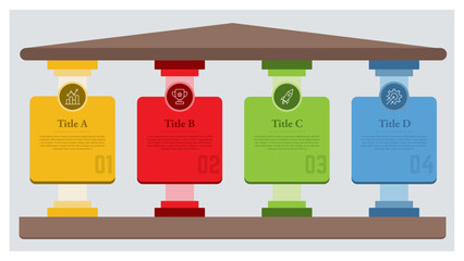 Pillar Infographic layout element in the form of a Greek temple with columns, Four pillars diagram with number options for business concepts.