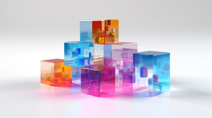 Multicolored glass cubes on a light background. Abstract colorful wallpaper.