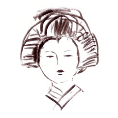 japanese girl head, graphic black and white drawing