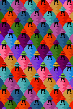 A pattern of South American cholitas wearing ponchos and hats in vivid colors