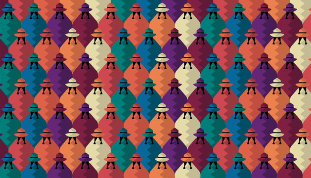 A pattern of South American cholitas wearing ponchos and hats in earthy colors