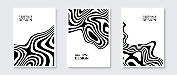 Black and white undulate lines posters set. Fluid wavy shapes banner pack. Abstract universal curved stripes template. Futuristic design concept for cover, invitation, brochure, flyer. Vector
