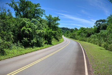 Photo of an idyllic countryside road with lush green trees and grass in Argentina