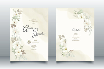 Naklejka na ściany i meble Floral wedding invitation template set with white flower and leaves decoration Premium Vector