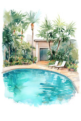 Fototapeta na wymiar swimming pool resort watercolor clipart isolated on white background