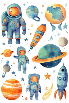 space star astronaut watercolor clipart cute isolated on white background