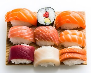 Colorful and beautifully presented sushi nigiri with fresh fish and perfectly seasoned rice. Generative AI