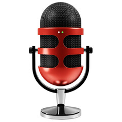 3d realistic illustration of metallic microphone podcast icon, Red and Black Microphone with Spherical Mesh Top on Stand