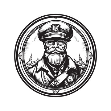 mercenary captain, vintage logo line art concept black and white color, hand drawn illustration
