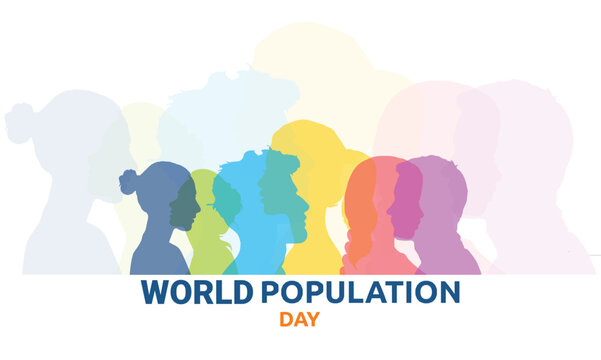 World Population Day banner. with colorful silhouette of men and women isolated on white background