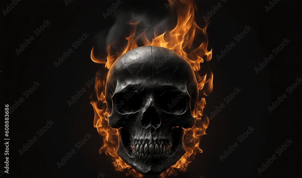 Poster burning skull in plain black background from generative ai