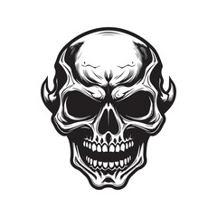 possessed skull, vintage logo line art concept black and white color, hand drawn illustration
