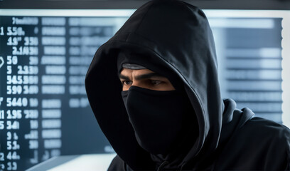 Hacker in black hoodie and mask that hides his face inside a bank from Generative AI