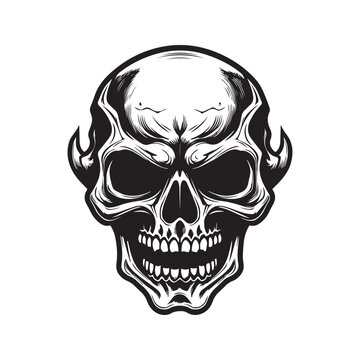 recommend clip art: possessed skull, vintage logo line art concept black and white color, hand drawn illustration